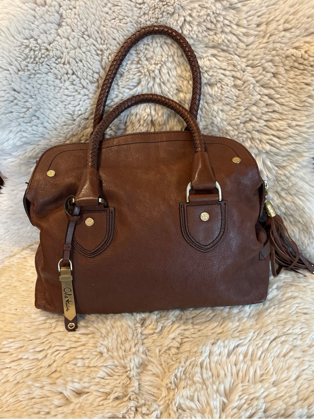 Cole Haan saddle brown pebbled leather Tote Bag with Braided Handles